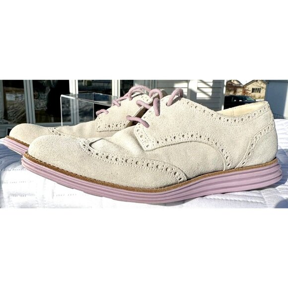 Cole Haan Alisa Wingtip Oxford Shoe Womens 9.5 Gray Suede Purple Academia Preppy - Picture 1 of 10